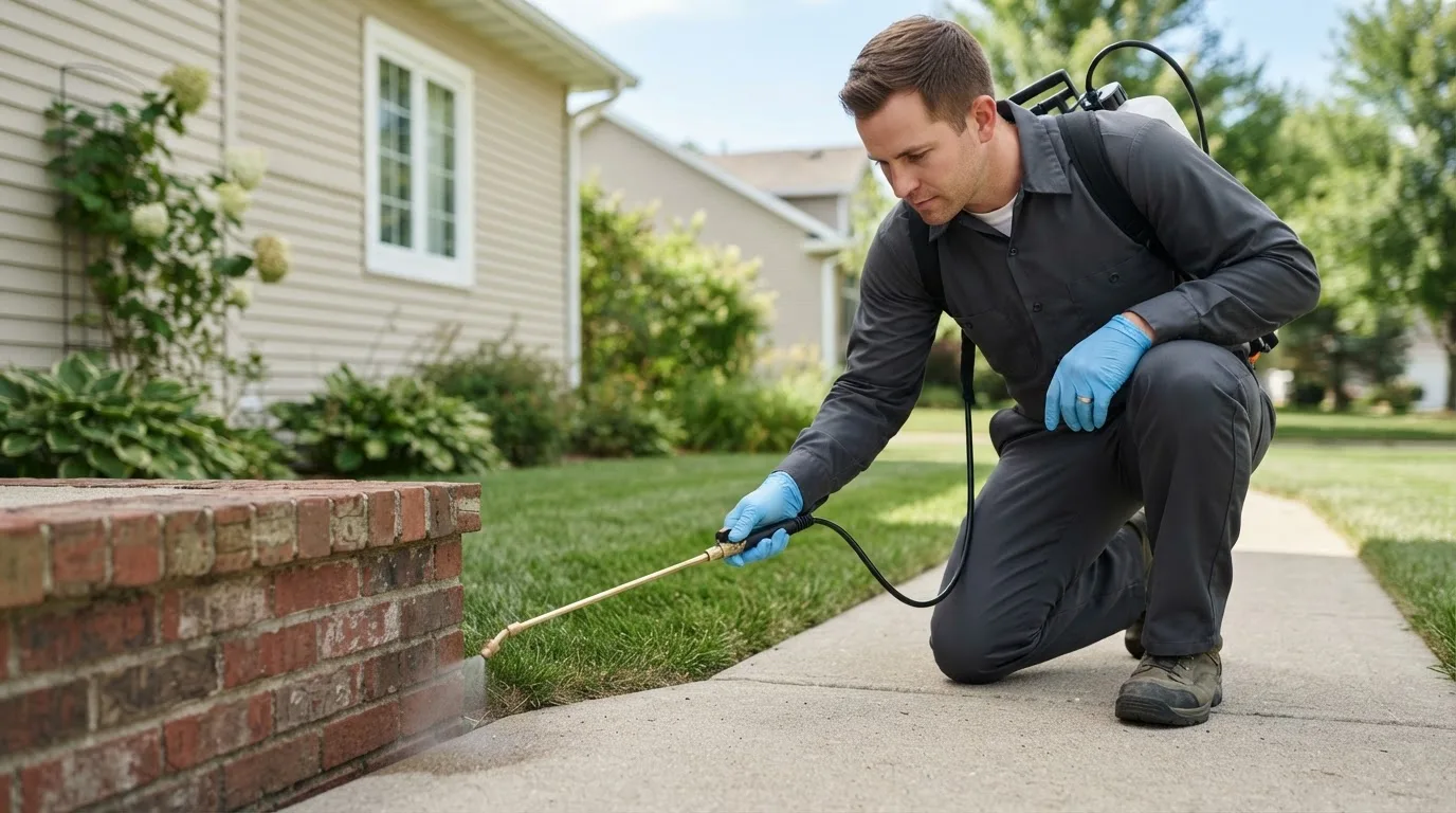 Pest control technician treating a home near Edna, KS