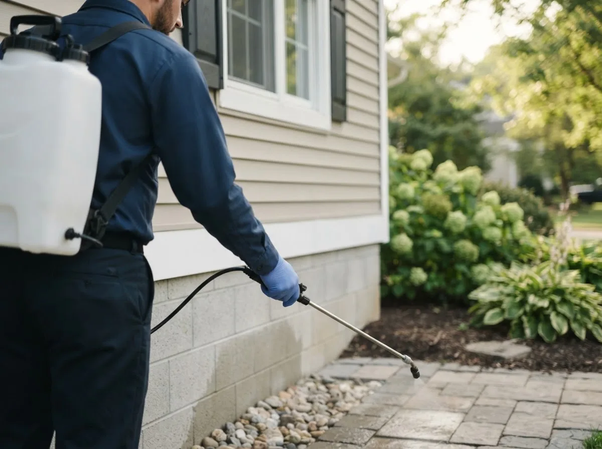 Pest control technician inspecting a home in Edna, KS